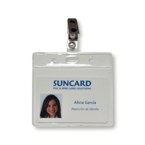 pinza tipo cocodrilo con porta tarjetas para tarjetas de identificación, Suncard